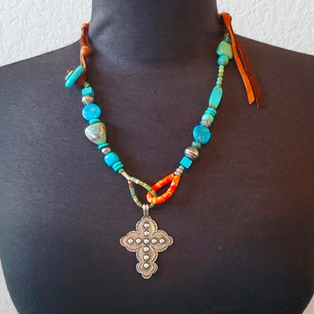 Sterling silver, turquoise and leather necklace